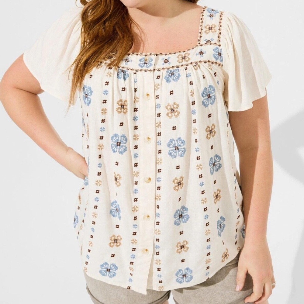 Torrid Embroidered Square Neck Flutter Short Sleeve Top Ivory Size 2X